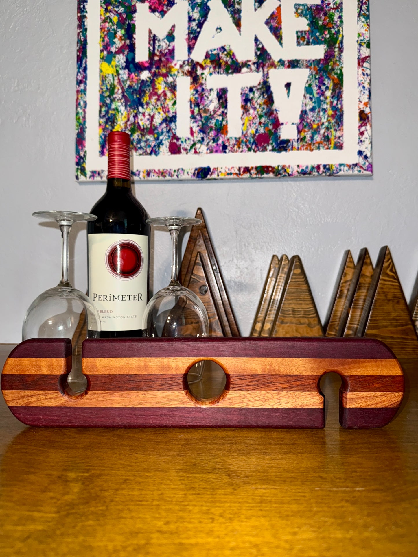Handcrafted Wooden Wine Caddy for Bottle and Glasses