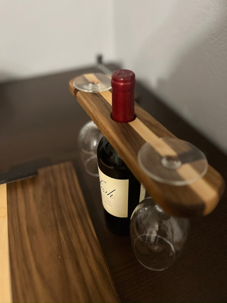 Handcrafted Wooden Wine Caddy for Bottle and Glasses