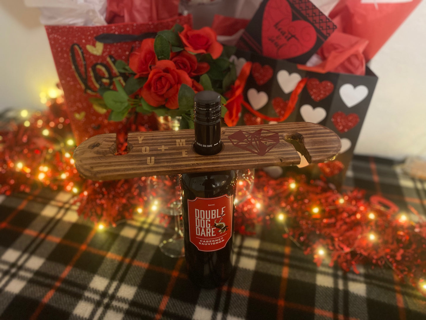 Handmade Wooden Wine Bottle Holder & Glass Caddy | Wine Glass Holder for Two