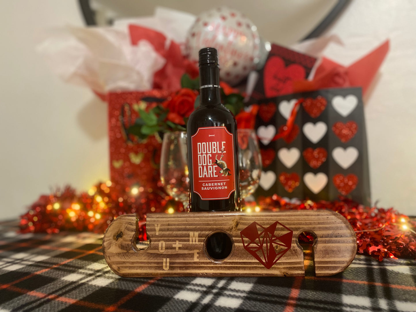 Handmade Wooden Wine Bottle Holder & Glass Caddy | Wine Glass Holder for Two