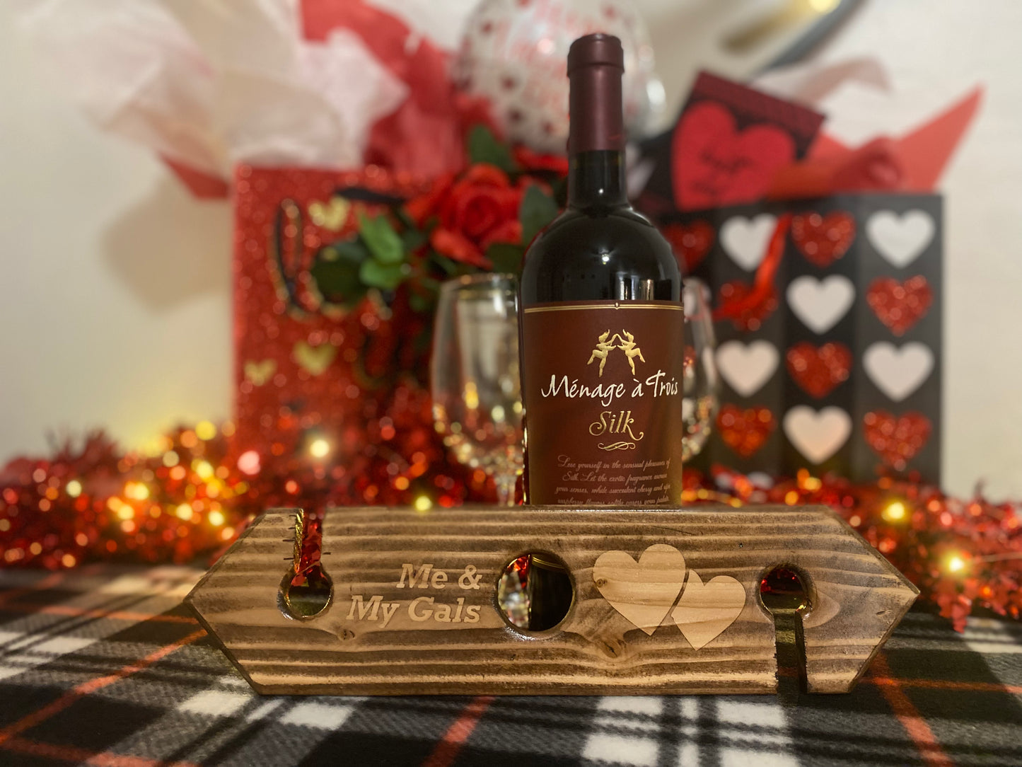 Handmade Wooden Wine Bottle Holder & Glass Caddy | Wine Glass Holder for Two